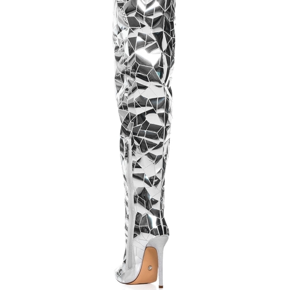 AZALEA WANG "SHATTERED INNOCENCE" Reflective Silver Women's Heeled Boots - Picture 5 of 9